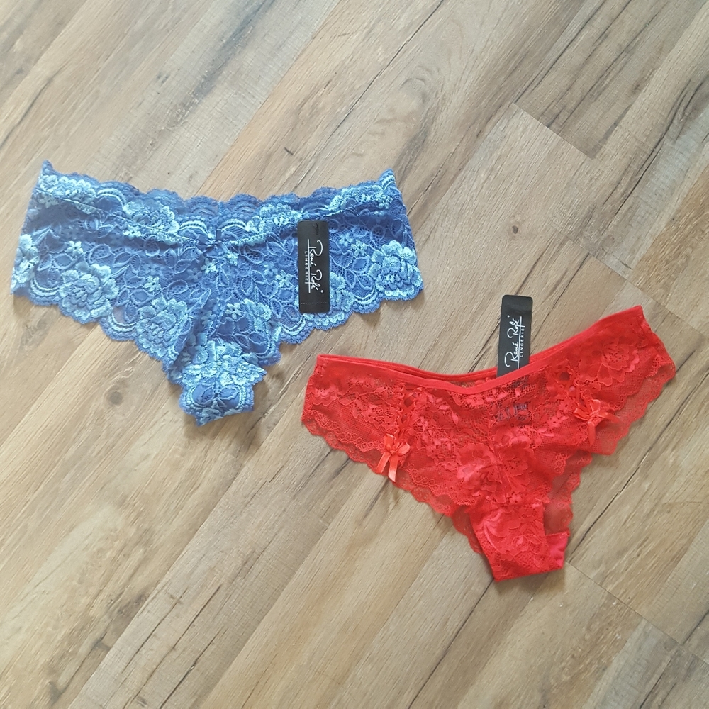 Rene Rofe Lingerie Red and Blue Lace Thong Panties Size Large NWT